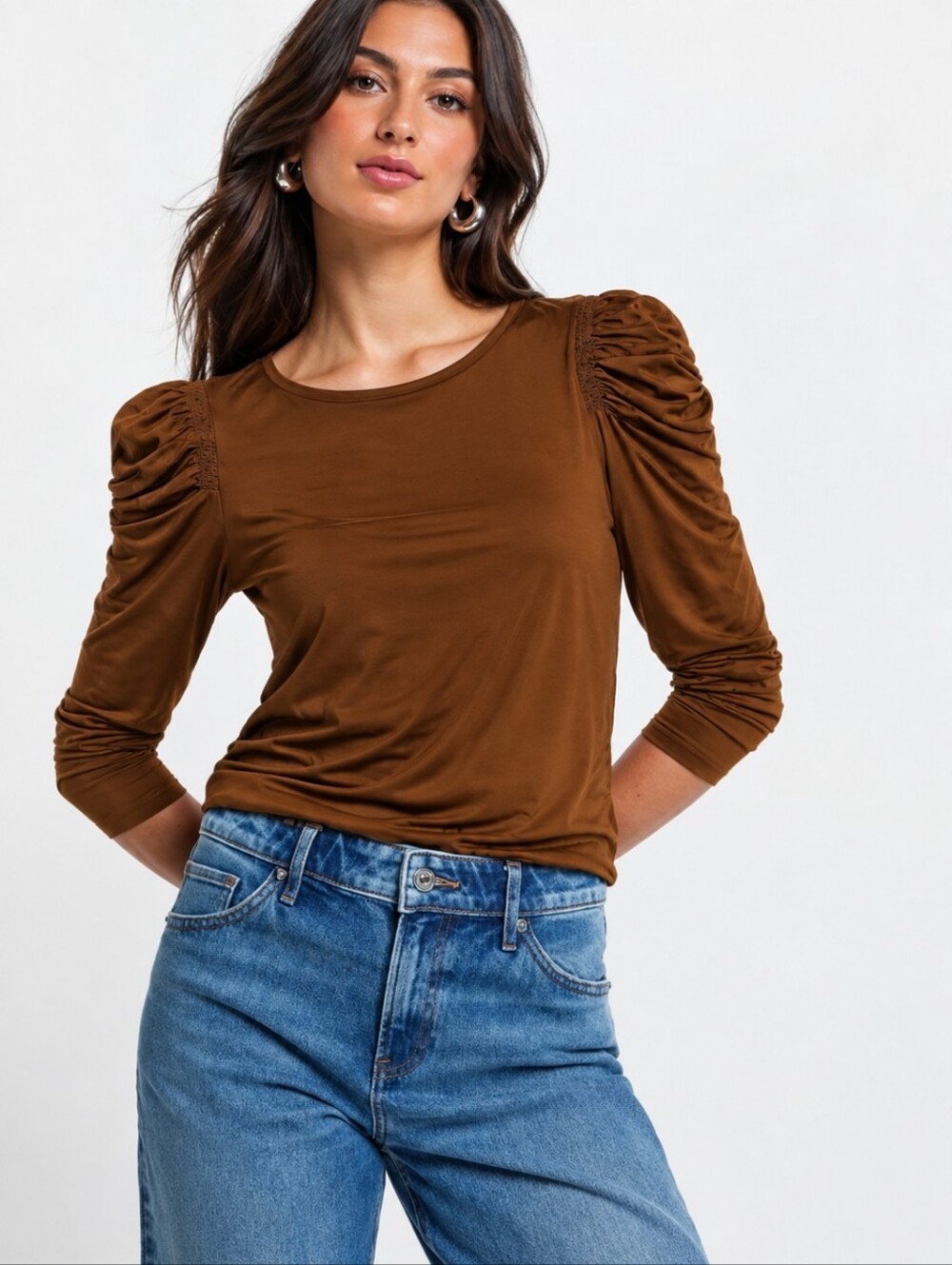 ❤️ EXPRESS SHEEN JERSEY LONG SLEEVE PUFF SHOULDER TOP, XS